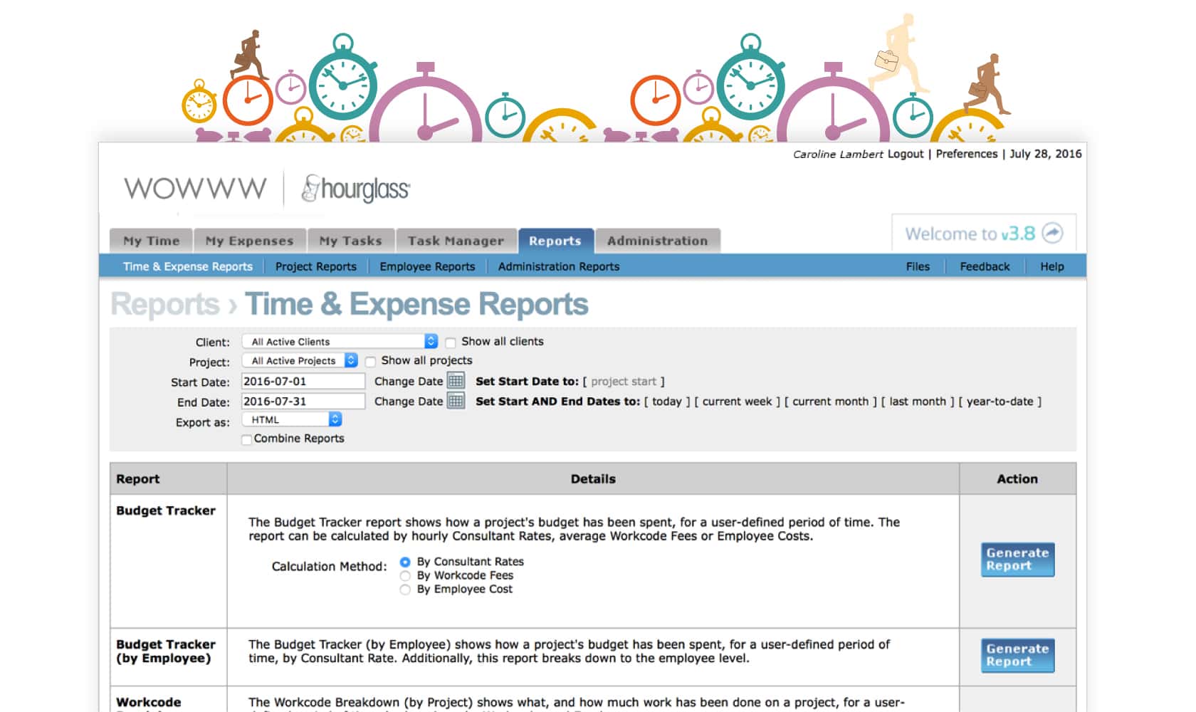 Screenshot of the Reports page within the HourGlass application