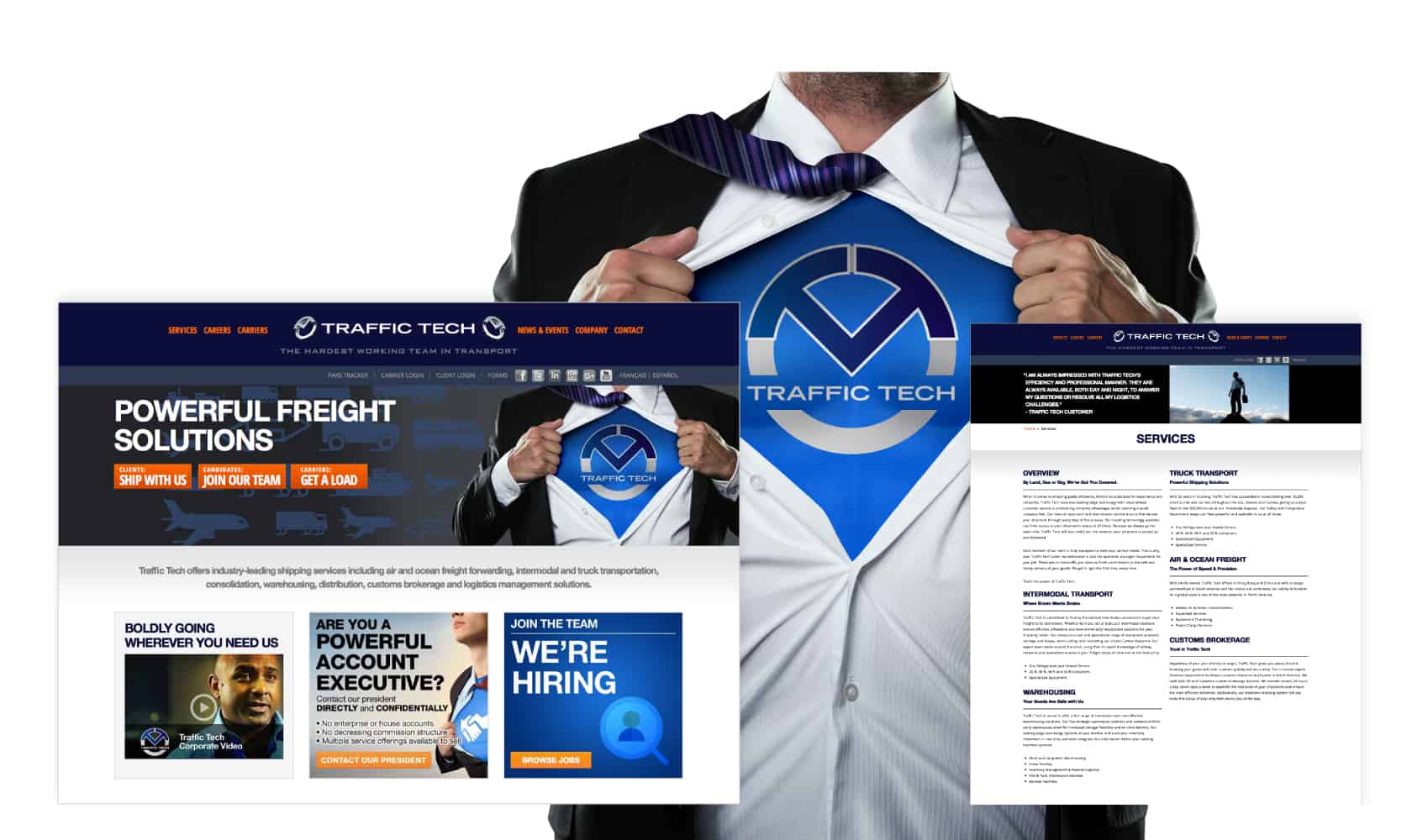 Screenshots of the Traffic Tech homepage and Services page overlaying a man opening his shirt revealing a Traffic Tech logo