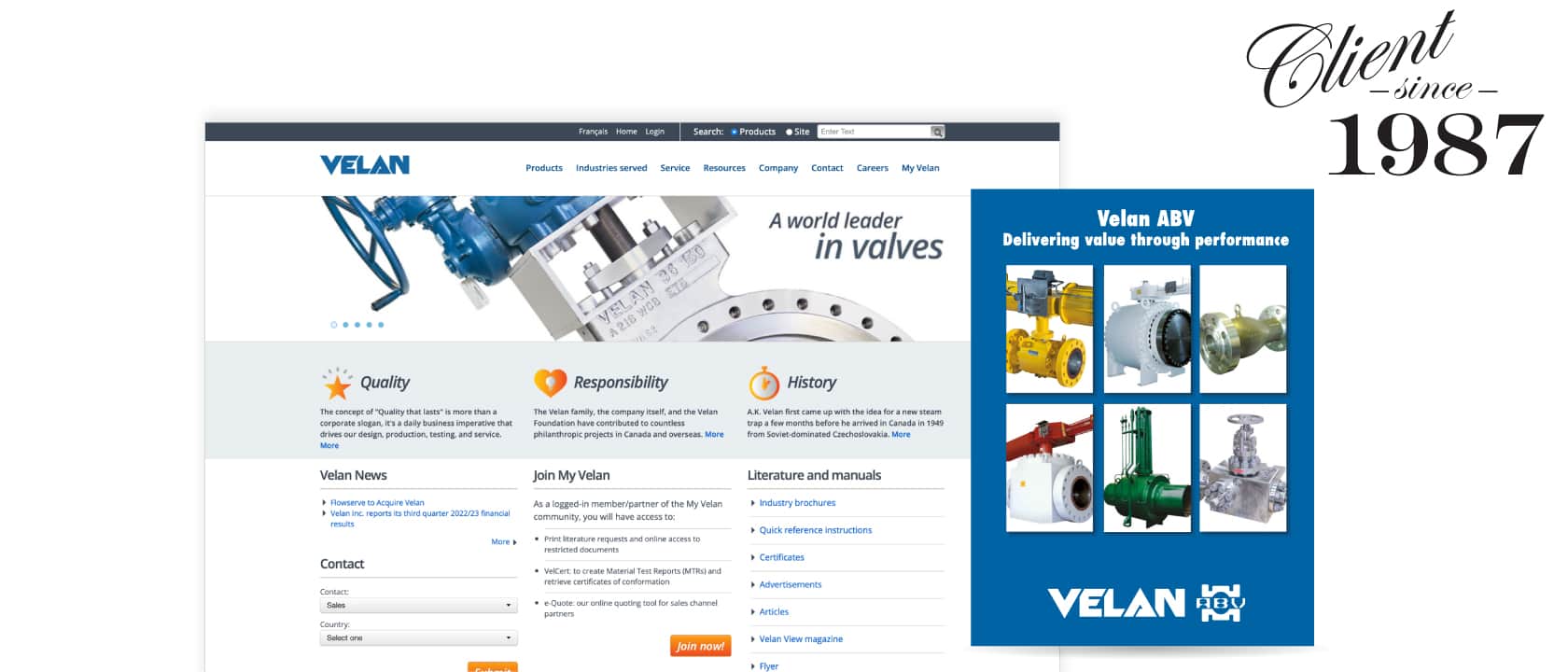 A cover of a Velan ABV manual overlaying a screenshot of the Velan homepage