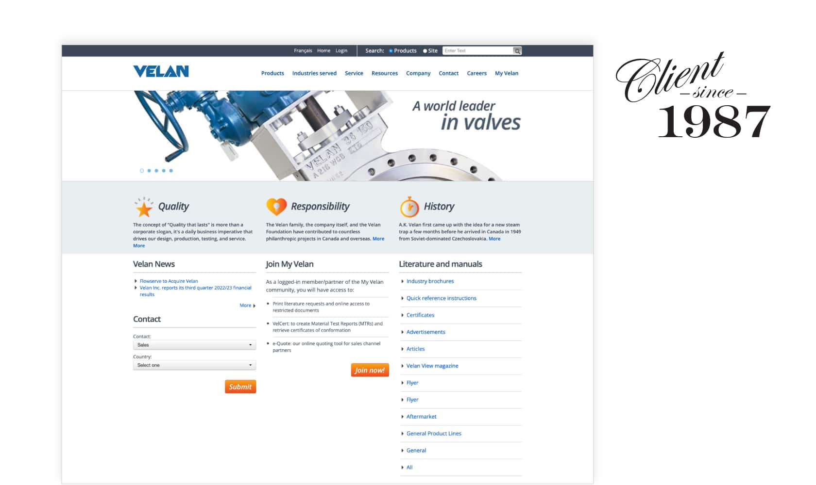 Screenshot of the Velan homepage