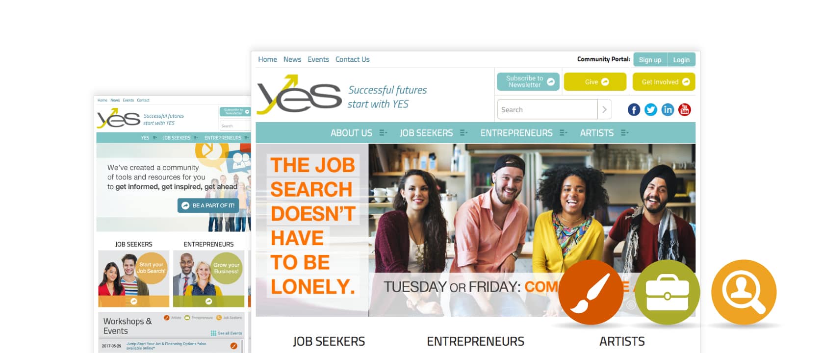 Screenshots of the YES homepage