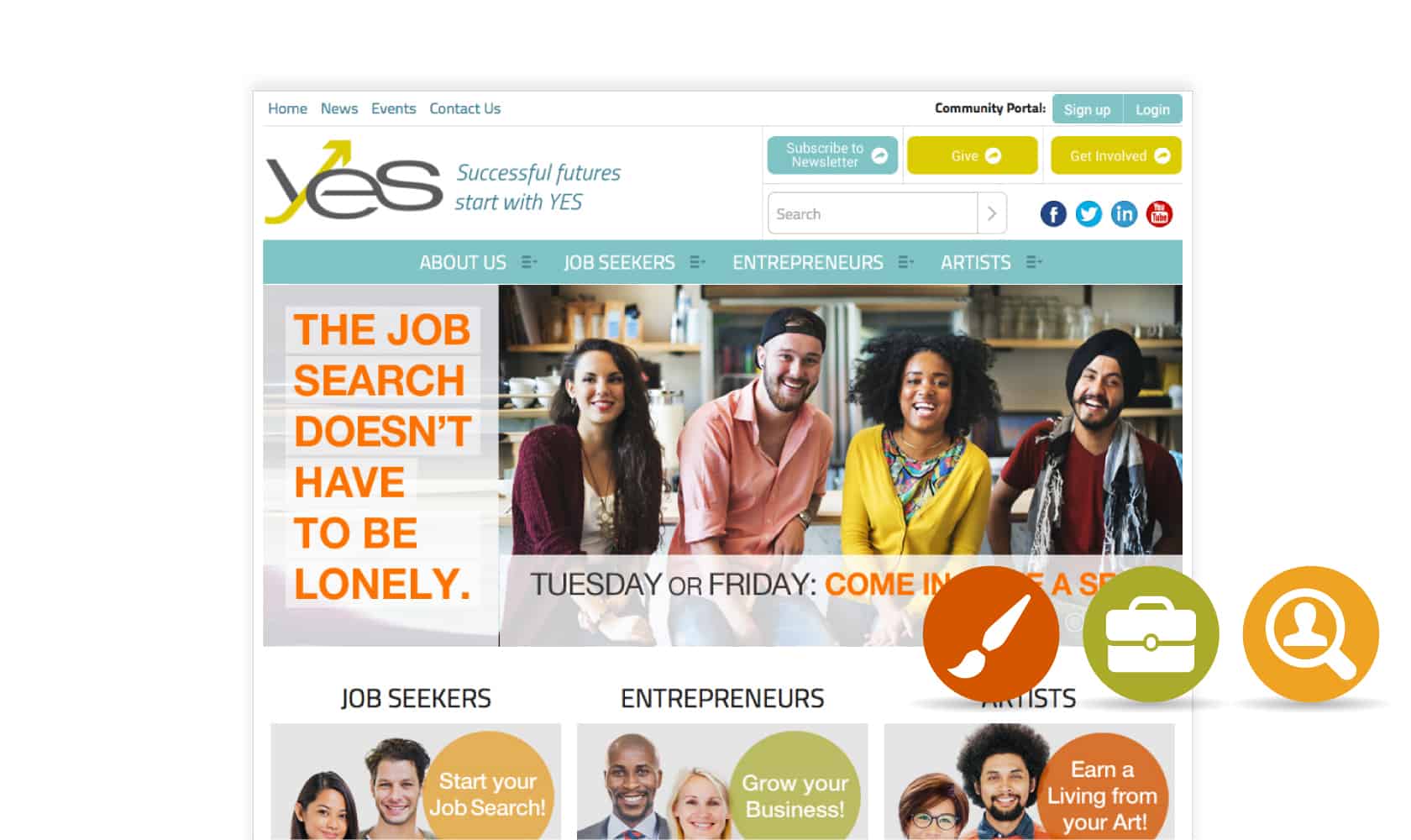 Screenshot of the YES homepage