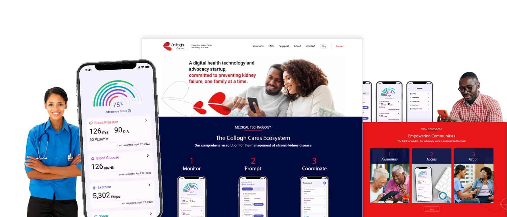 Téléphone mobile affichant l'application de Collogh Cares superposée à une capture d'écran de la page d'accueil de Collogh Cares