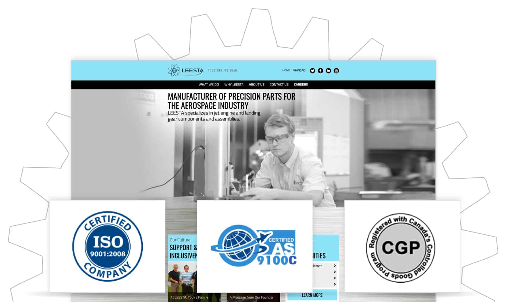Logos de certification superposés à une capture d'écran de la page d'accueil Leesta