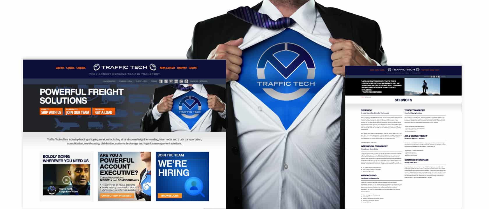 Captures d'écran de la page d'accueil et de la page des services de Traffic Tech, montrant un homme ouvrant sa chemise et révélant un logo Traffic Tech