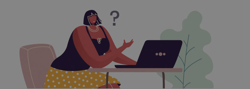Graphic of a woman with a question mark next to her looking at a laptop computer