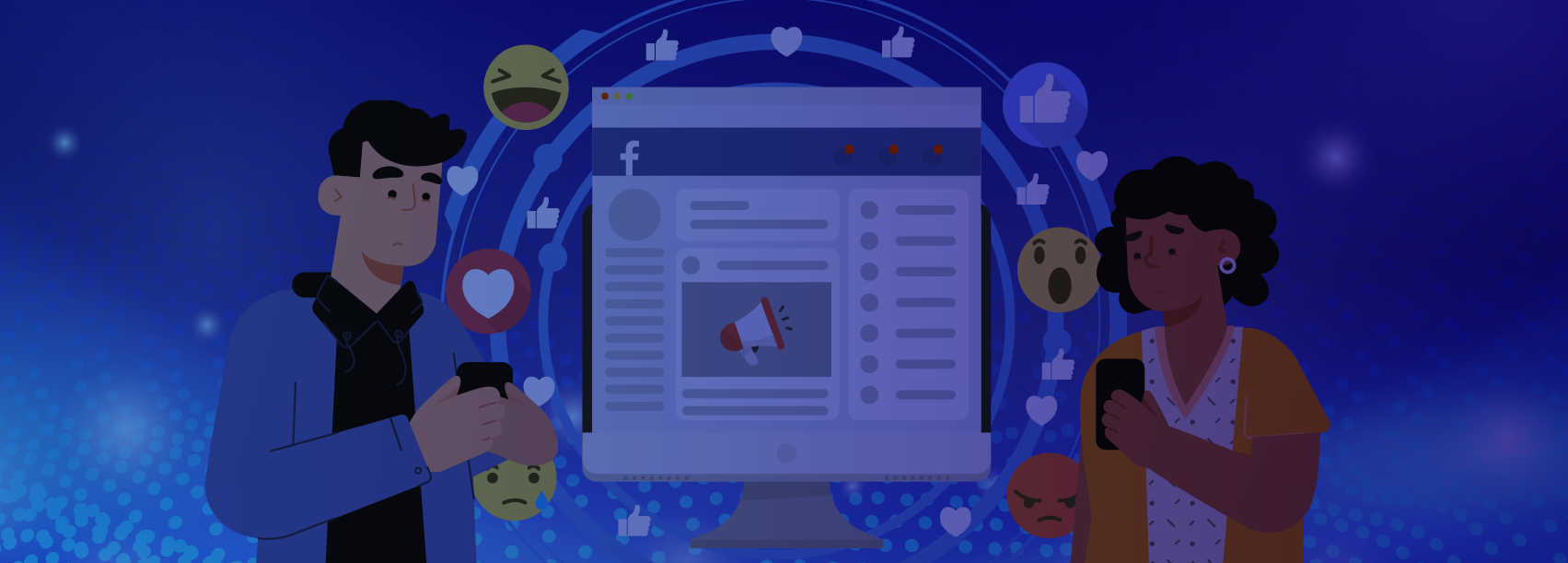Unhappy individuals looking at their phones with a Facebook profile in the background