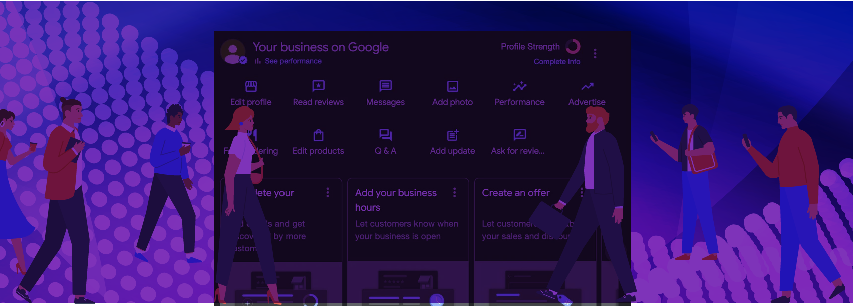 Graphic of people walking in front of a Google Business Profile webpage