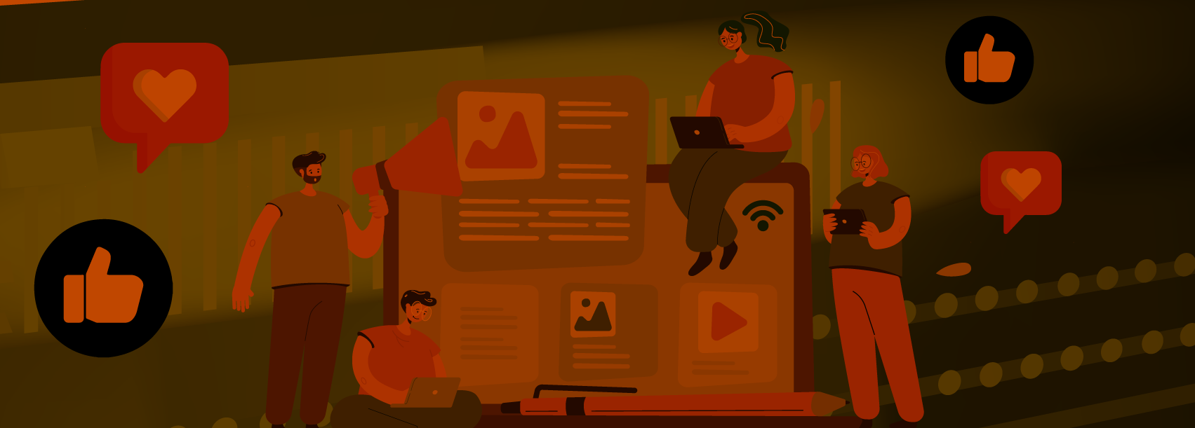 Graphic of influencers on their computers sitting on top of a computer