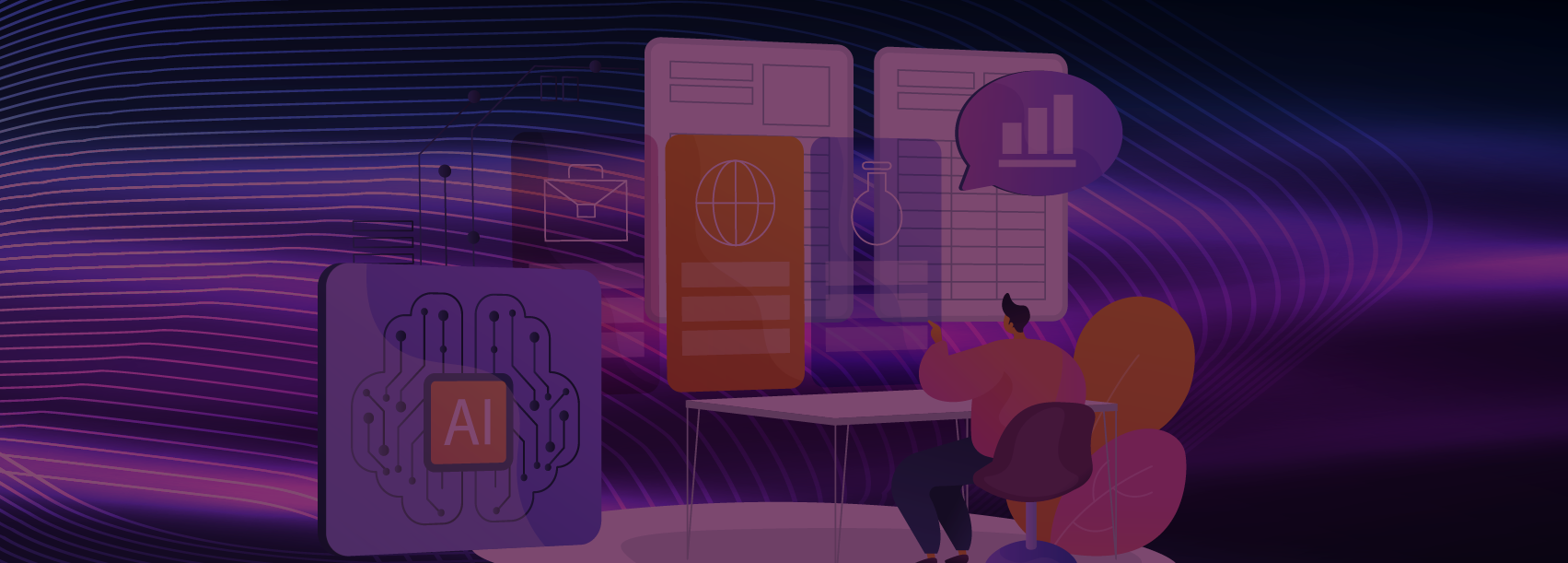 Graphic of an AI chip and a person analyzing data on multiple screens