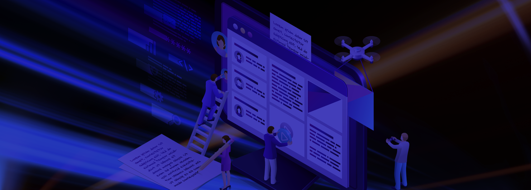 Graphic of a computer screen being updated by people