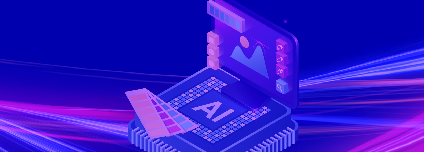 Illustration of a computer screen layered over a microchip, with graphic design elements integrated into both