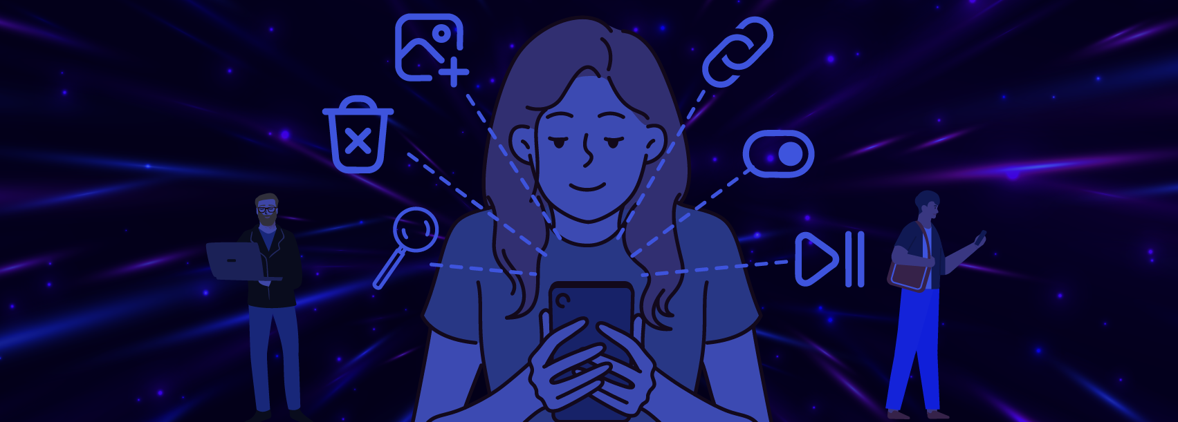 Woman looking at her phone, surrounded by floating icons representing common website icons
