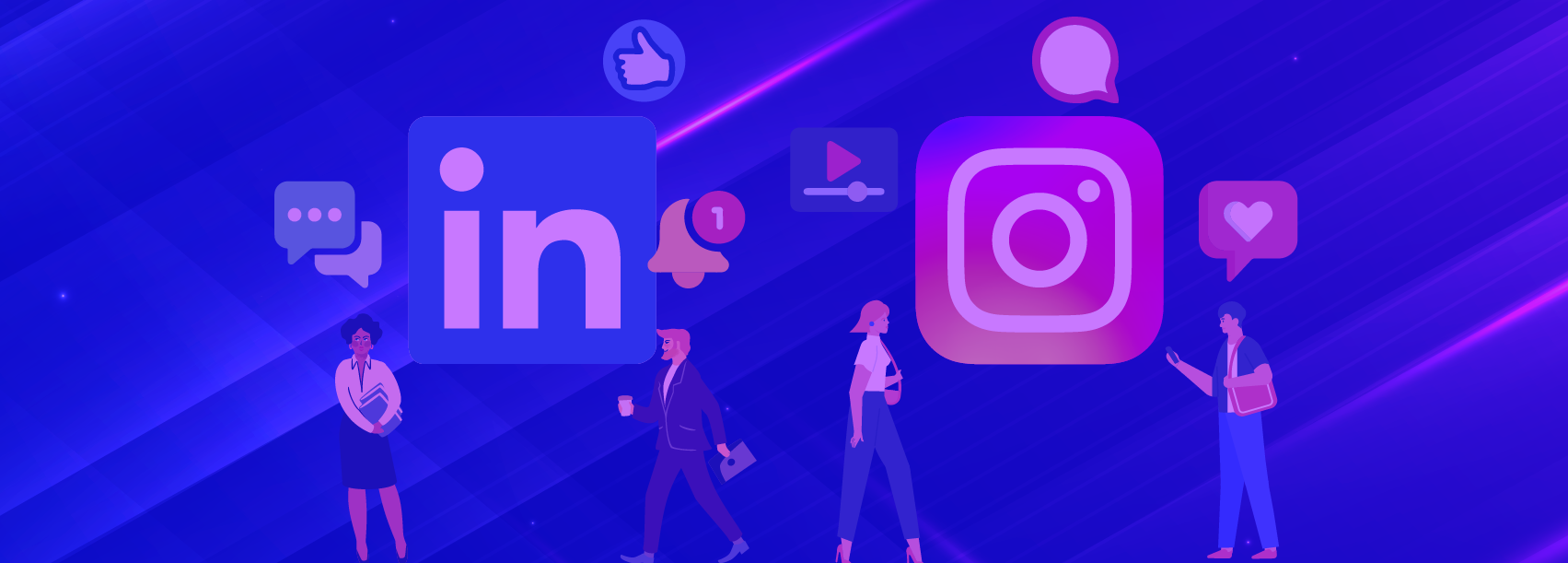 People walking around, surrounded by floating icons representing social media