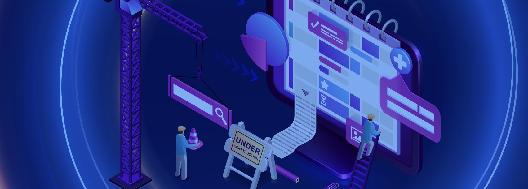 Construction workers building a website, representing website development and optimization