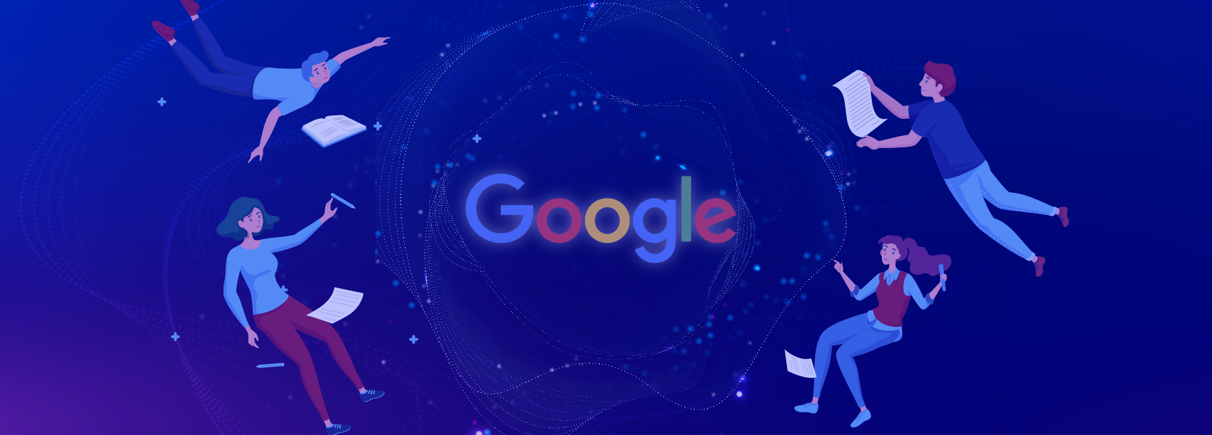 People floating around the Google logo, symbolizing Google search visibility and ranking