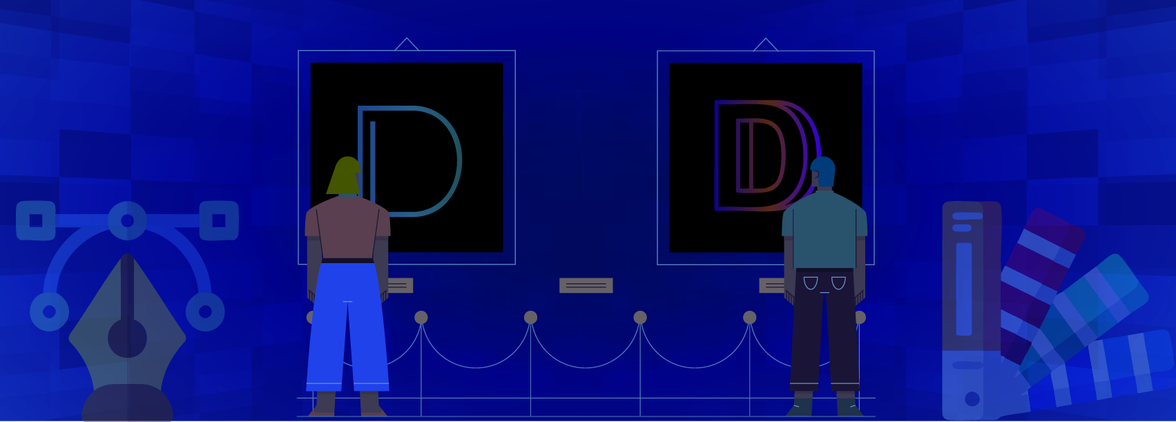 Woman analyzing a simple letter and man analyzing a stylized letter on blackboards, representing brand design and typography